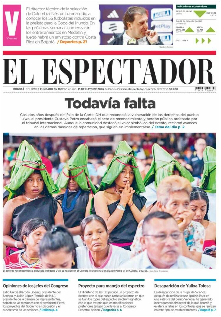 Portada de El Espectador · 15 may 2026