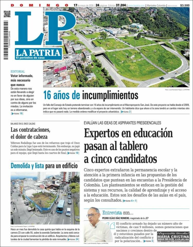 Portada de La Patria · 17 may 2026