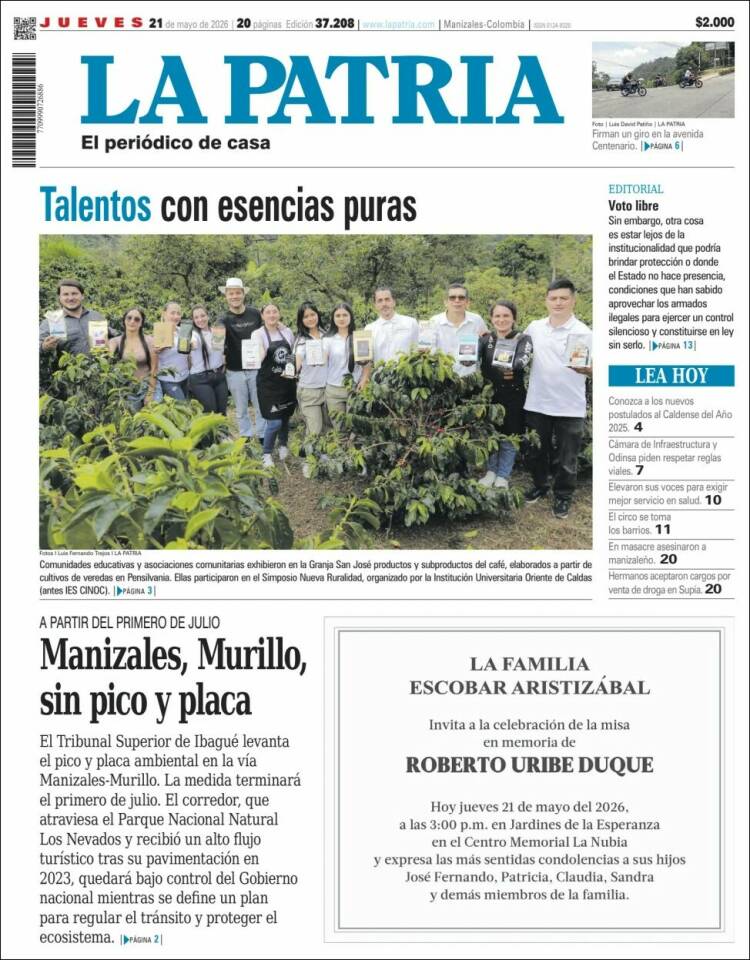 Portada de La Patria · 21 may 2026