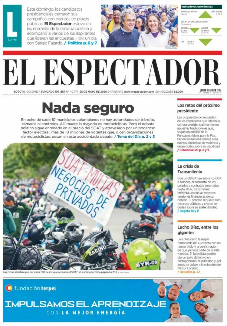 Portada de El Espectador · 25 may 2026