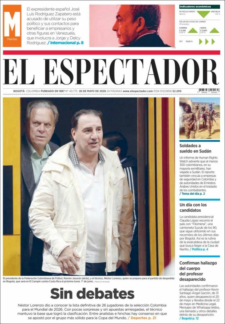 Portada de El Espectador · 26 may 2026