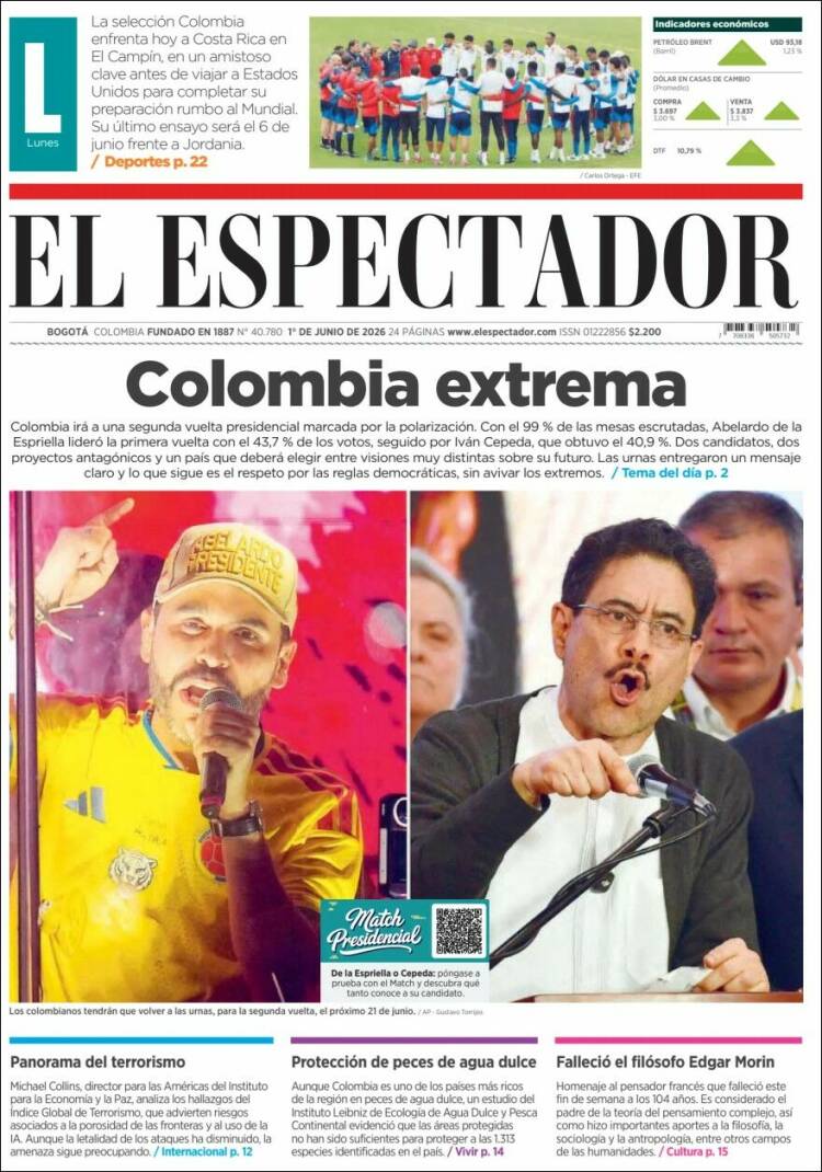 Portada de El Espectador · 1 jun 2026