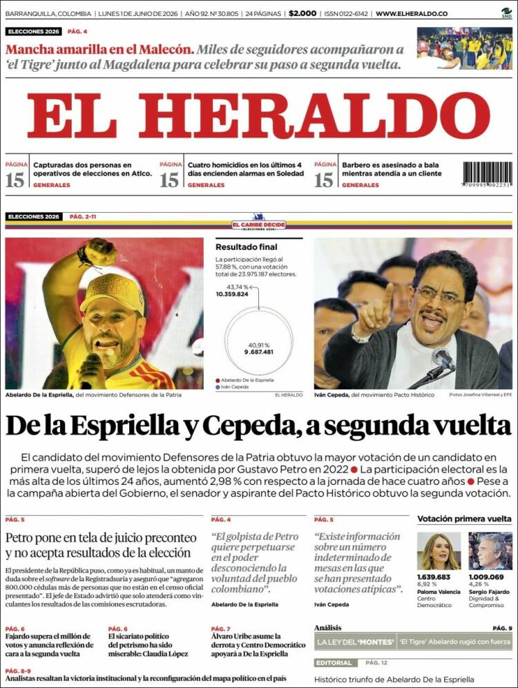 Portada de El Heraldo · 1 jun 2026