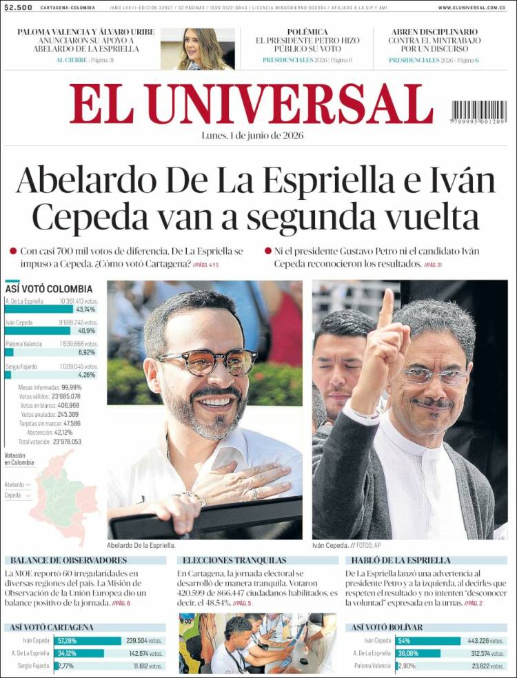 Portada de El Universal · 1 jun 2026