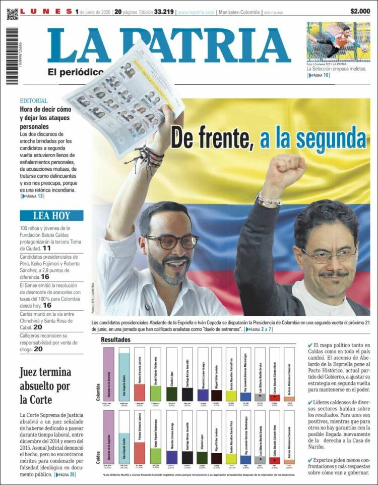 Portada de La Patria · 1 jun 2026
