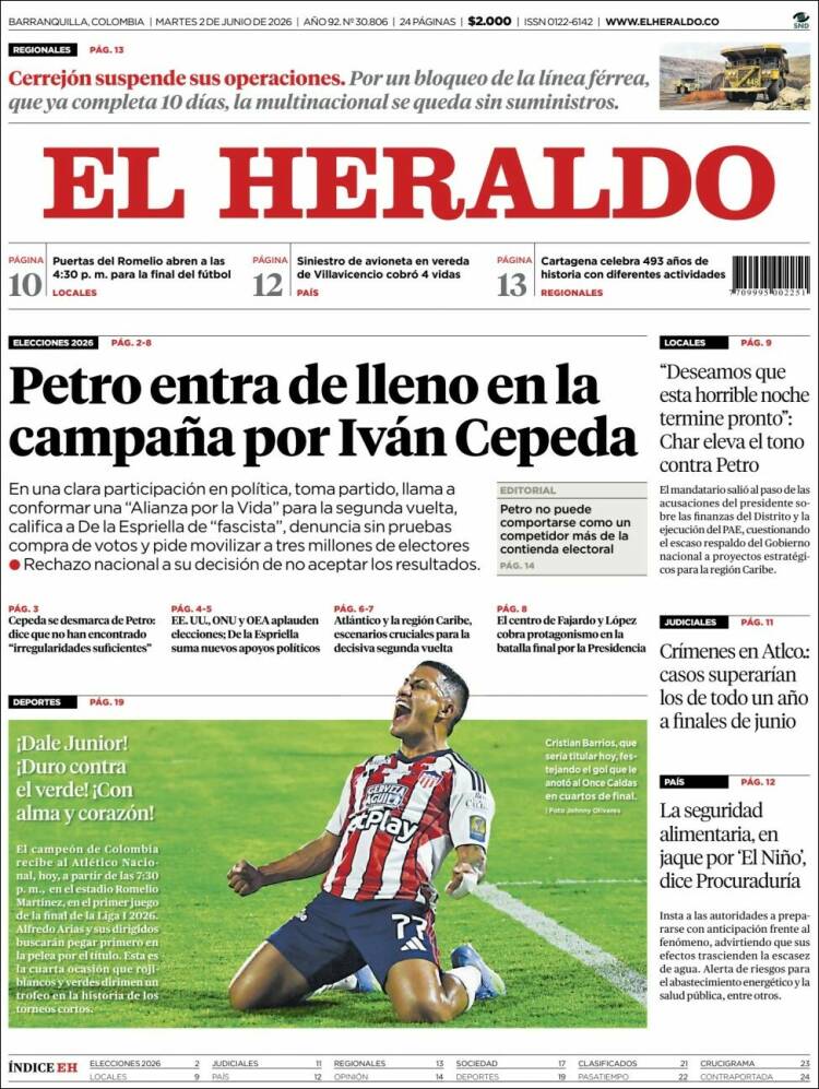 Portada de El Heraldo · 2 jun 2026