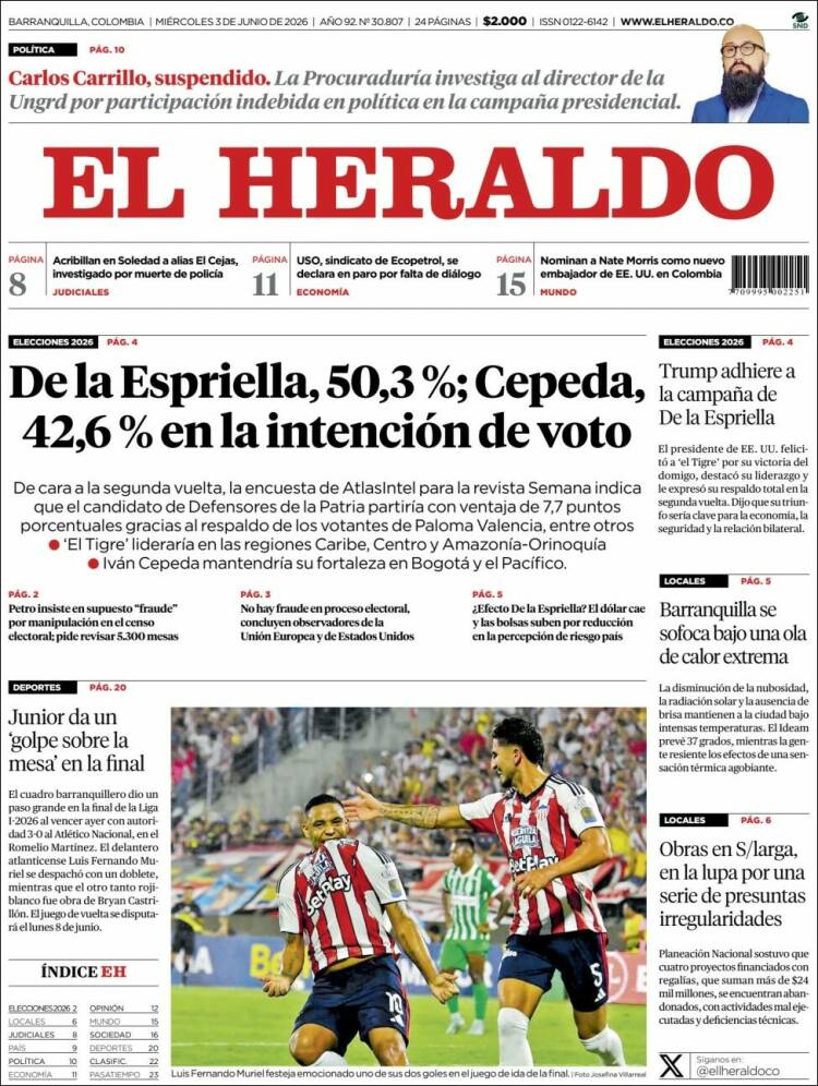Portada de El Heraldo · 3 jun 2026