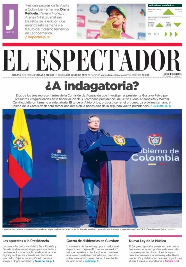 Portada de El Espectador · 4 jun 2026