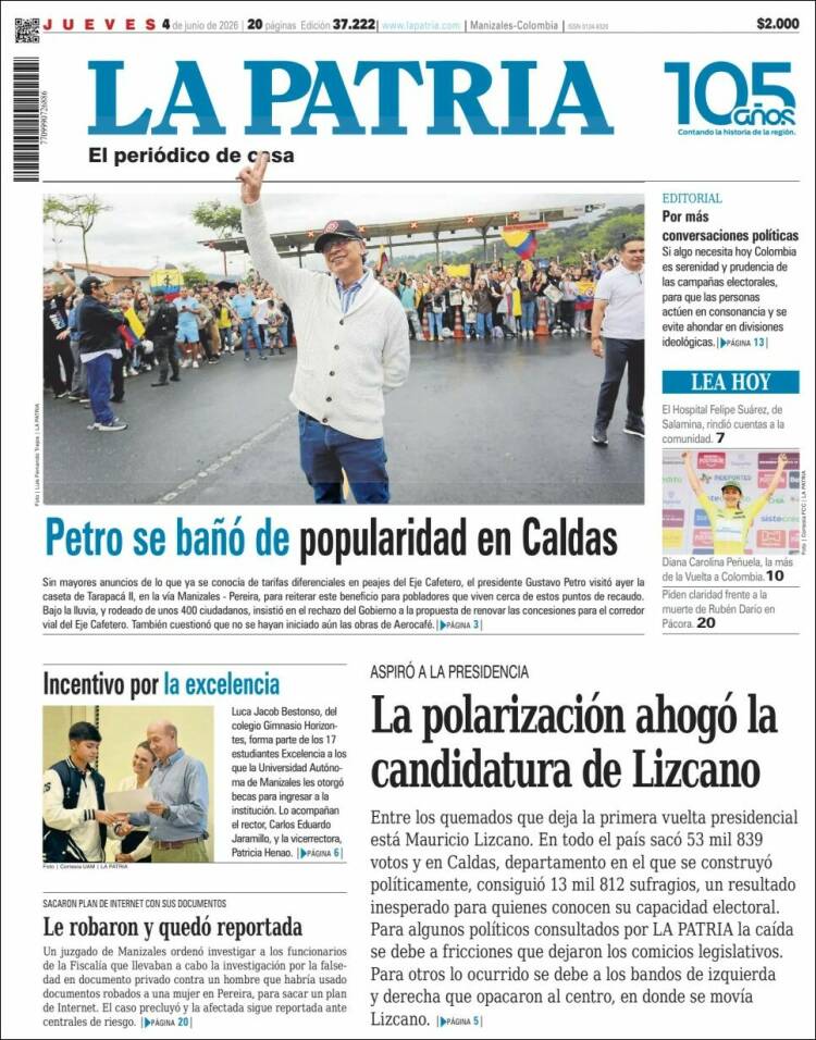 Portada de La Patria · 4 jun 2026