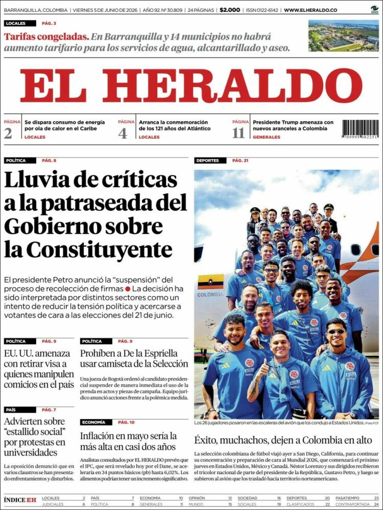 Portada de El Heraldo · 5 jun 2026