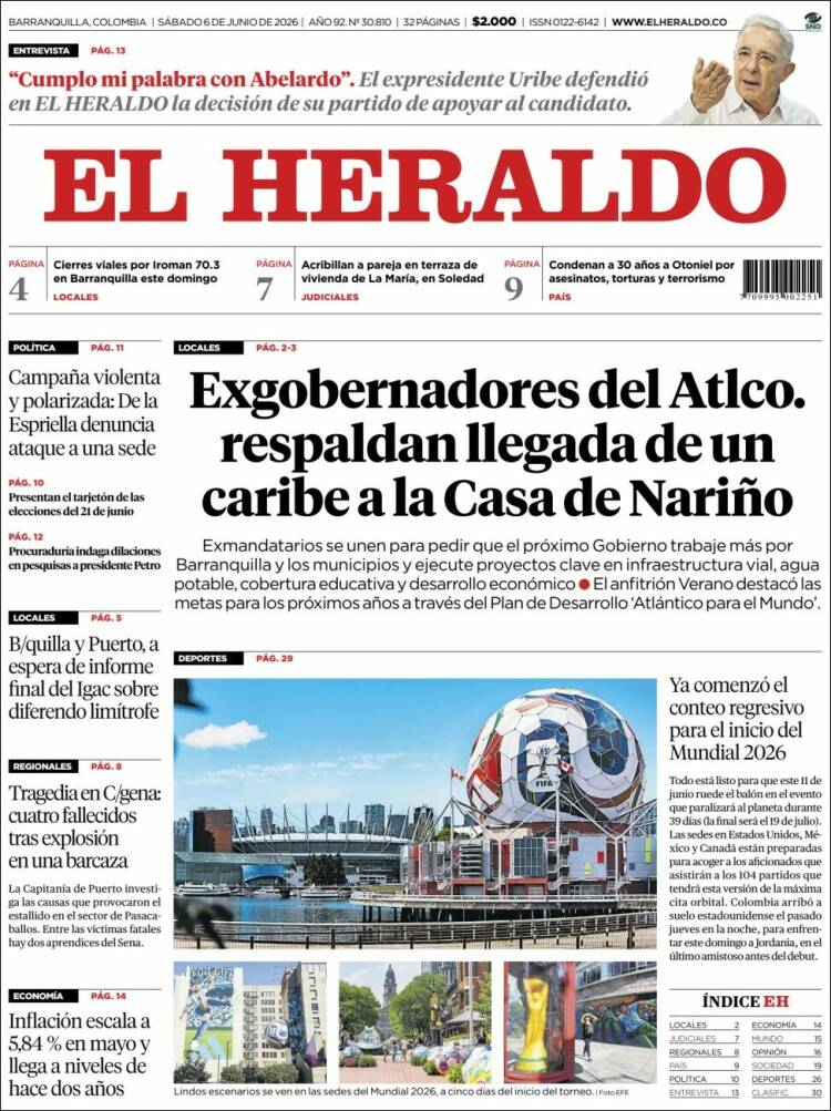 Portada de El Heraldo · 6 jun 2026