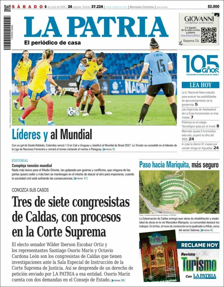 Portada de La Patria · 6 jun 2026