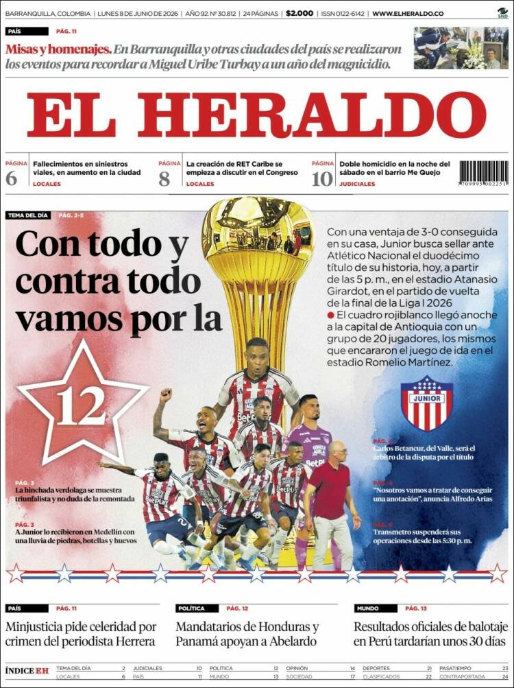 Portada de El Heraldo · 8 jun 2026
