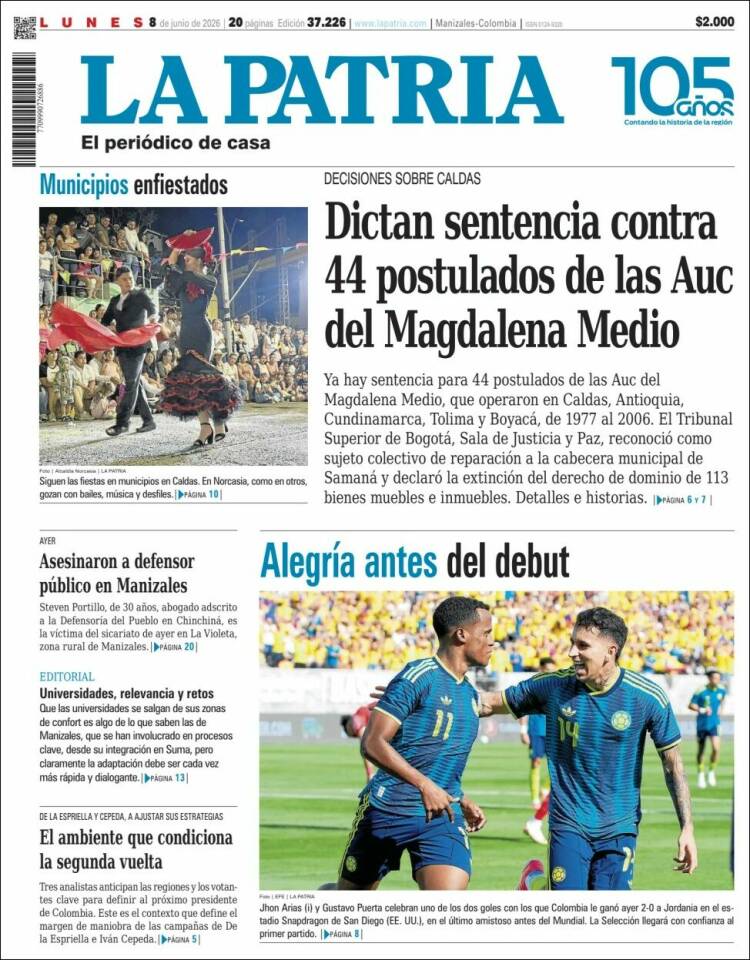 Portada de La Patria · 8 jun 2026
