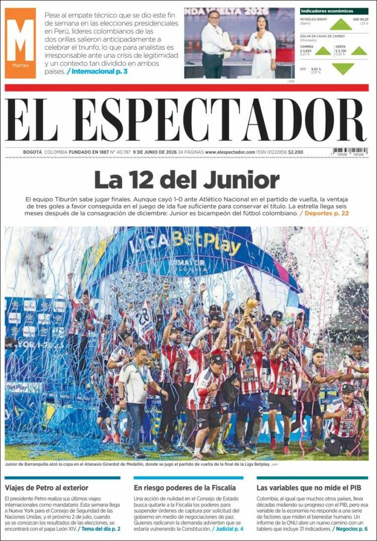 Portada de El Espectador · 9 jun 2026