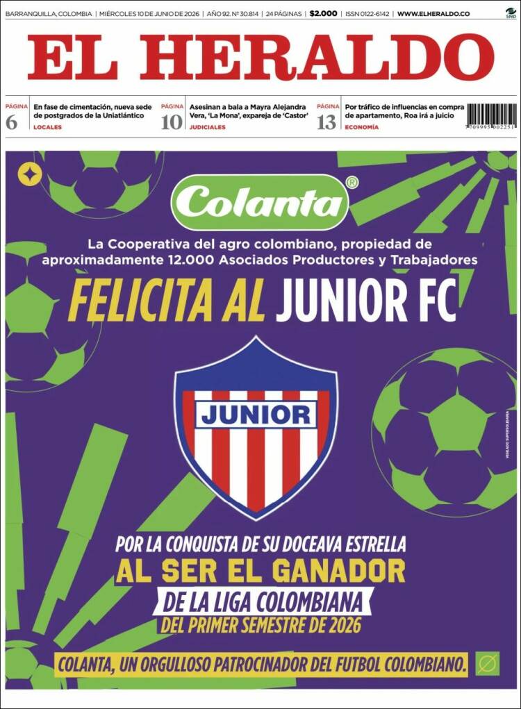 Portada de El Heraldo · 10 jun 2026