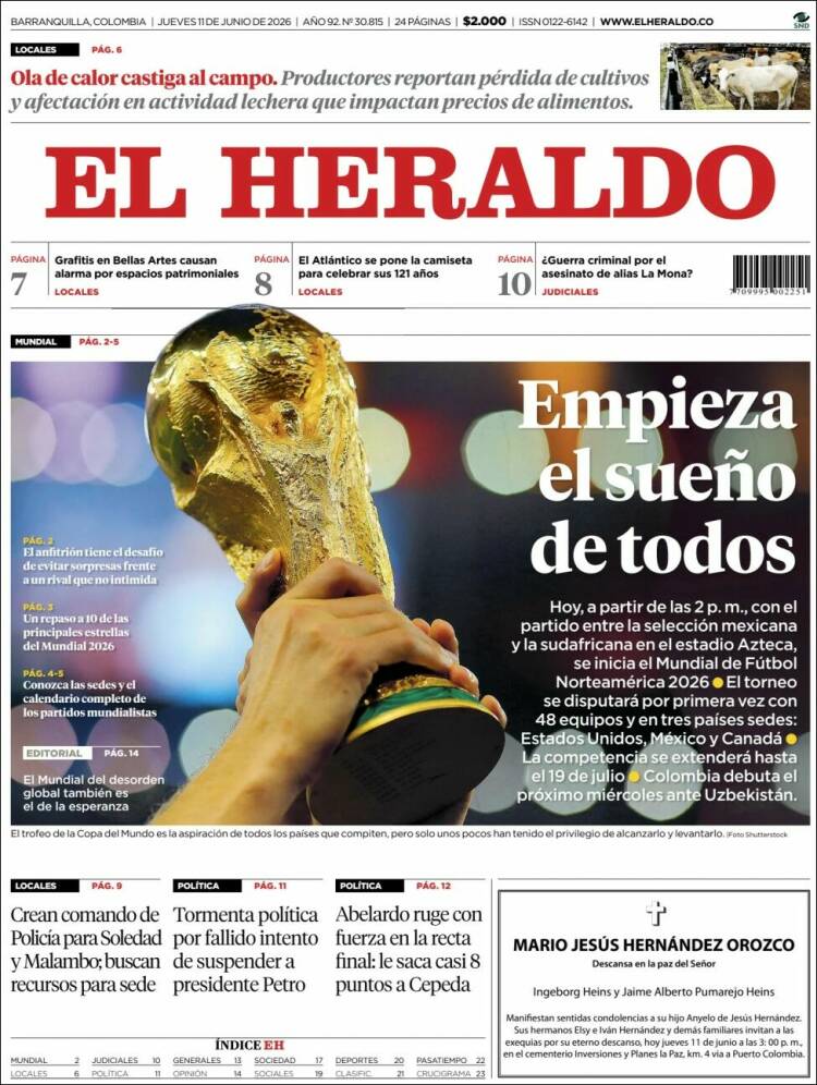Portada de El Heraldo · 11 jun 2026