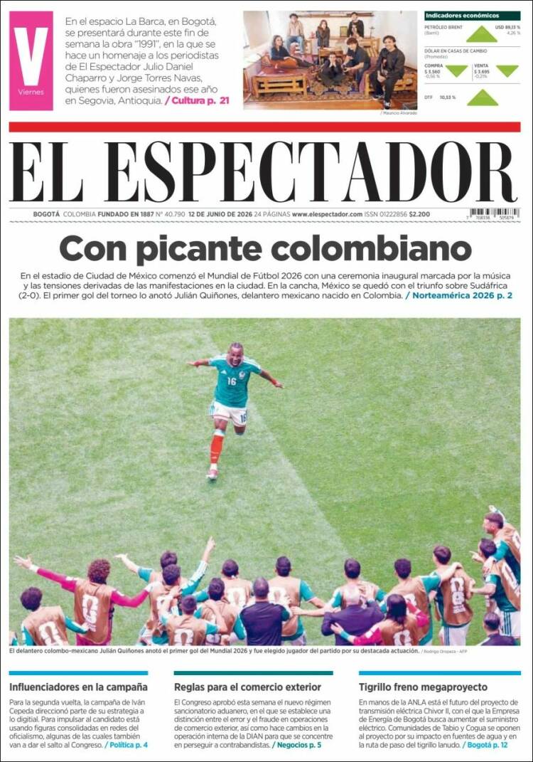 Portada de El Espectador · 12 jun 2026