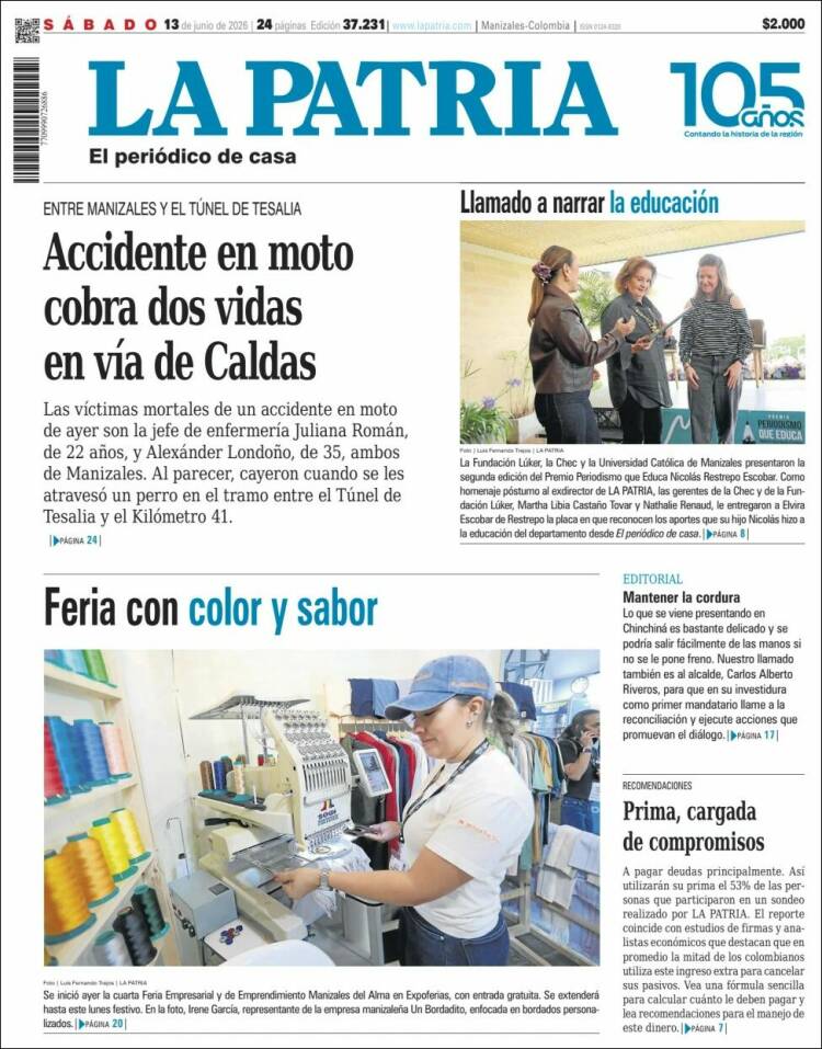 Portada de La Patria · 13 jun 2026