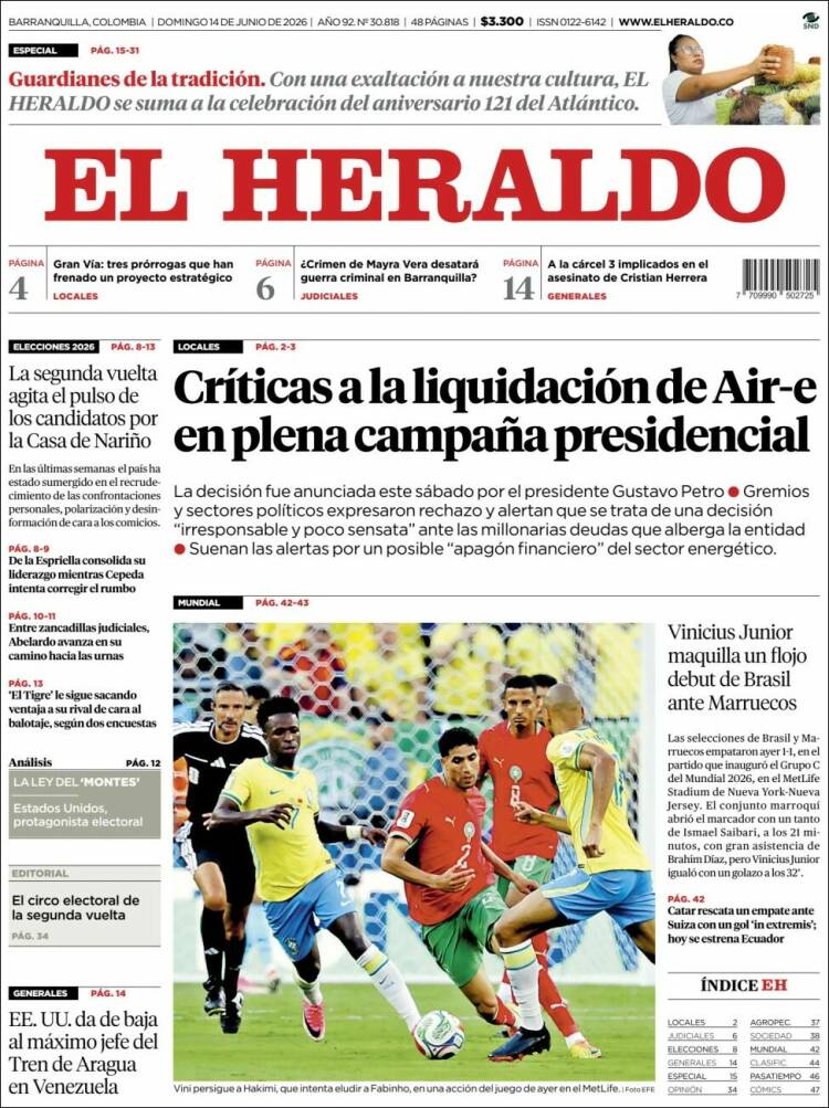 Portada de El Heraldo · 14 jun 2026