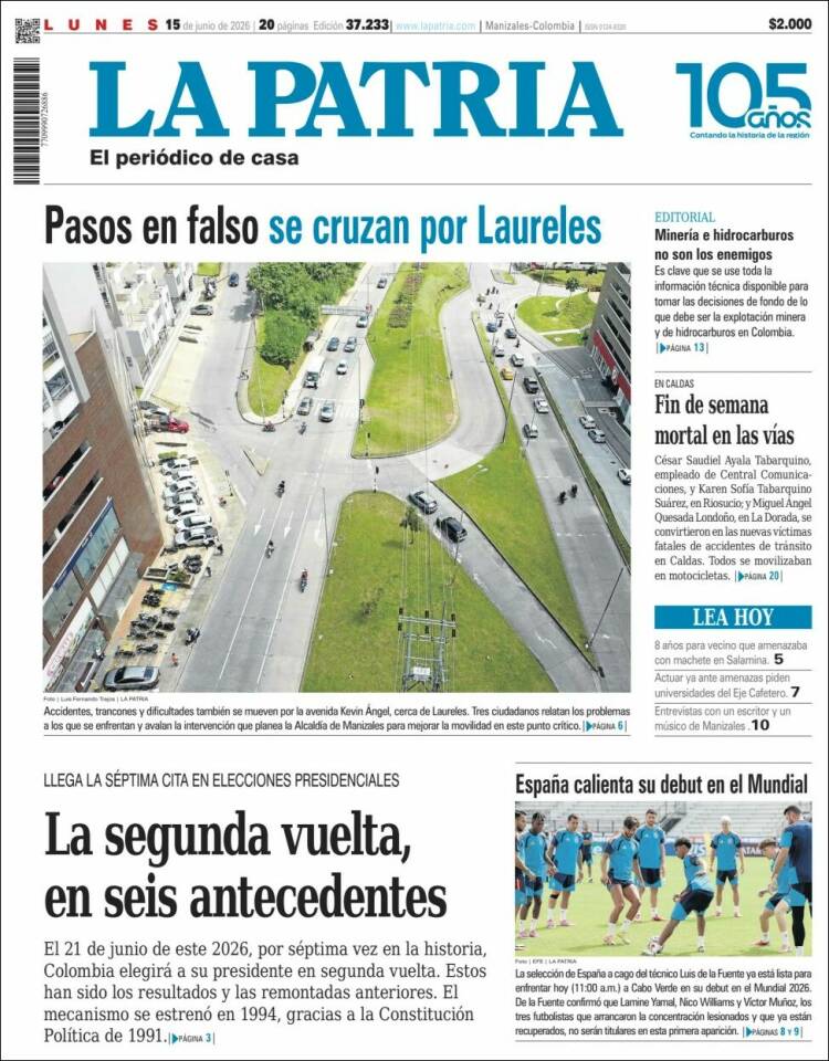 Portada de La Patria · 15 jun 2026
