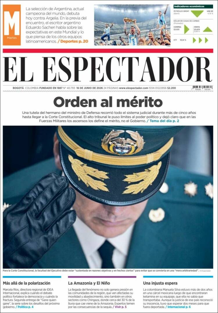 Portada de El Espectador · 16 jun 2026
