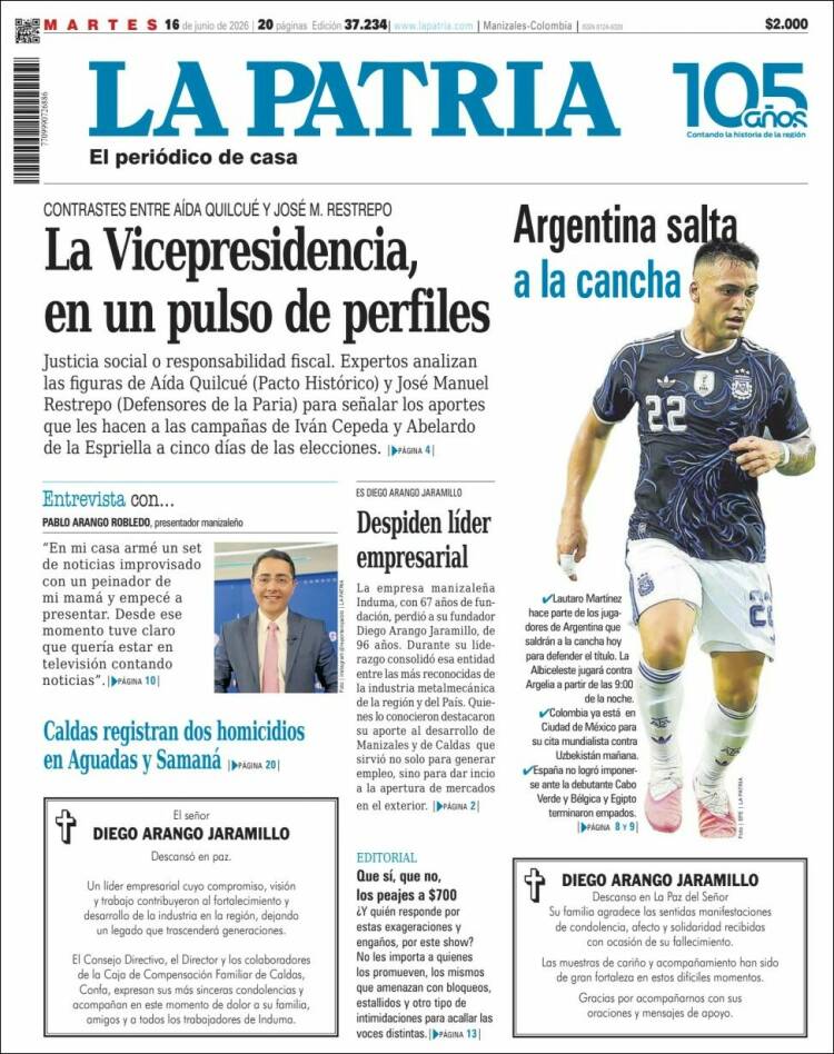 Portada de La Patria · 16 jun 2026