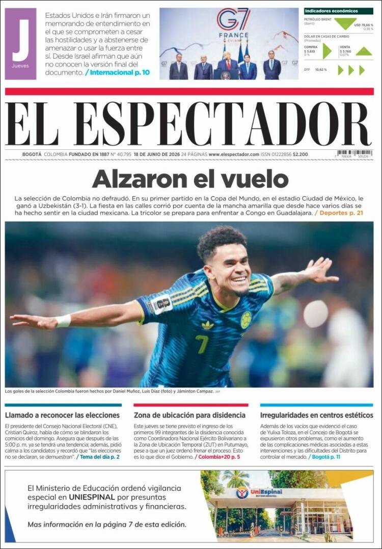 Portada de El Espectador · 18 jun 2026