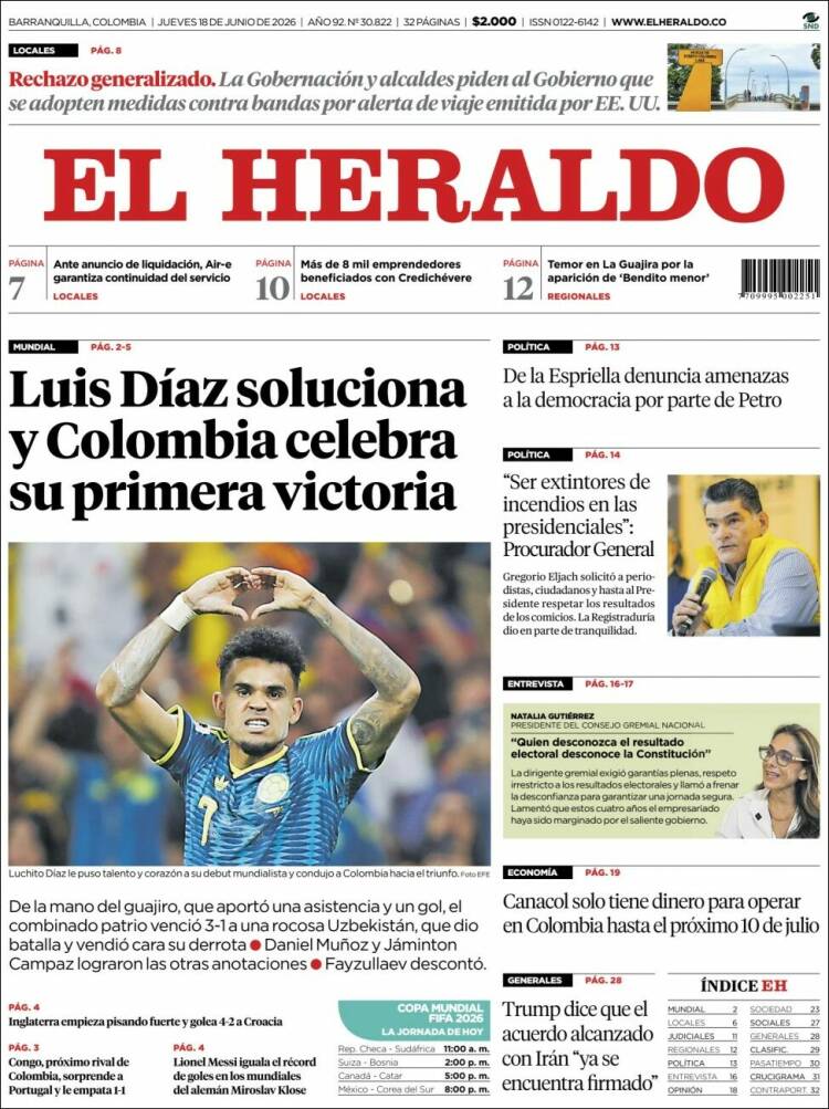 Portada de El Heraldo · 18 jun 2026