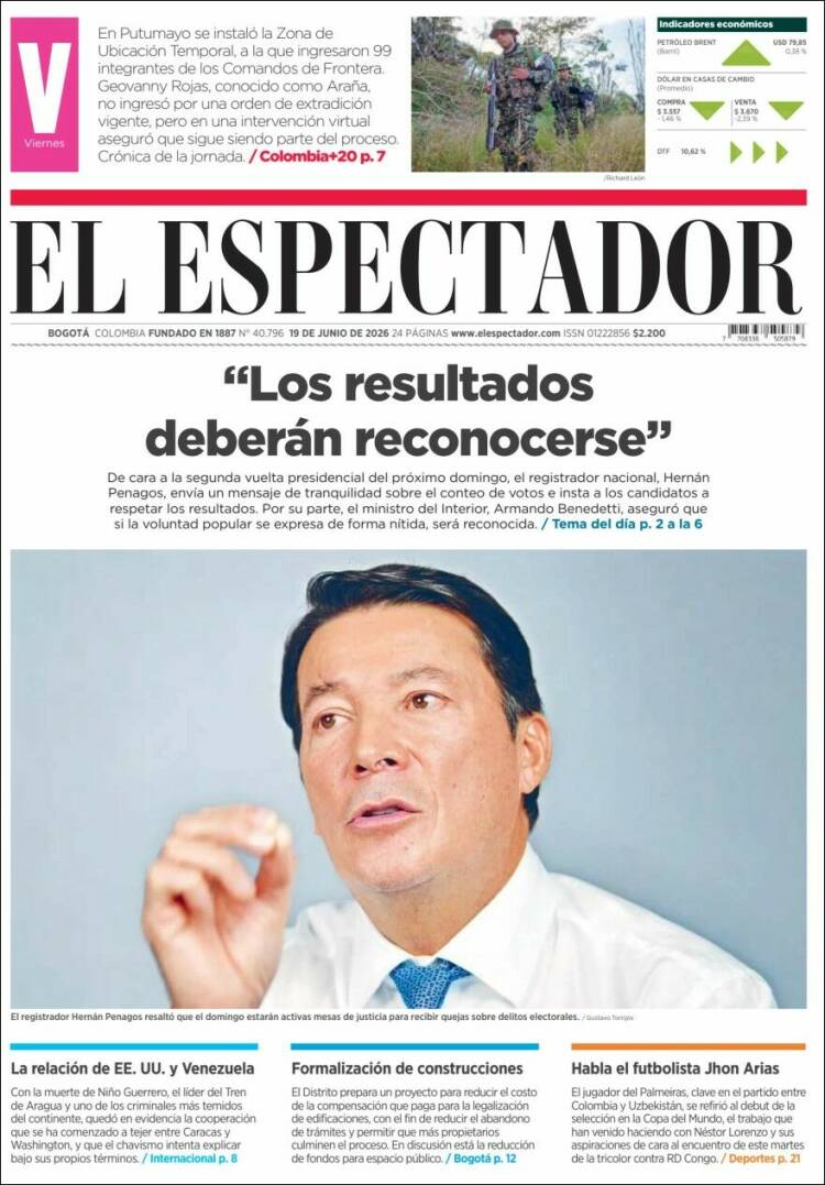 Portada de El Espectador · 19 jun 2026