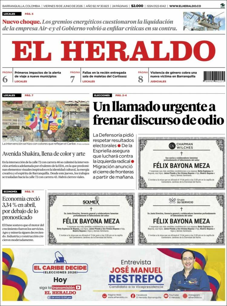 Portada de El Heraldo · 19 jun 2026