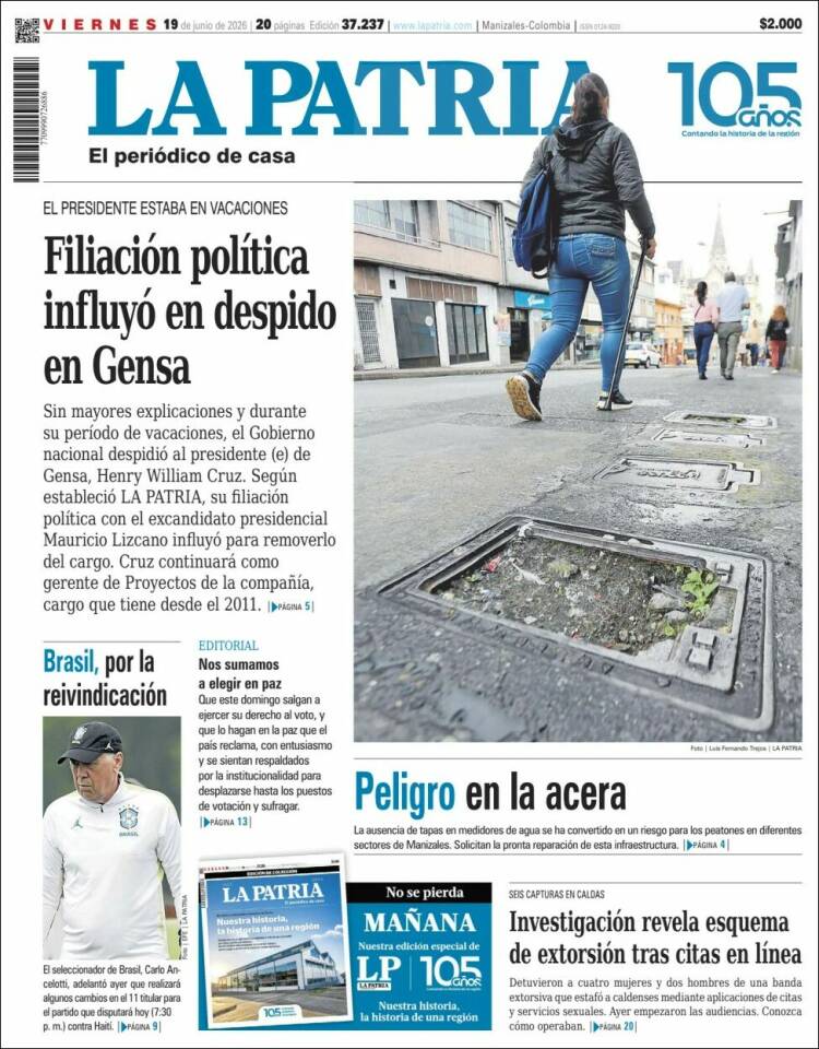 Portada de La Patria · 19 jun 2026