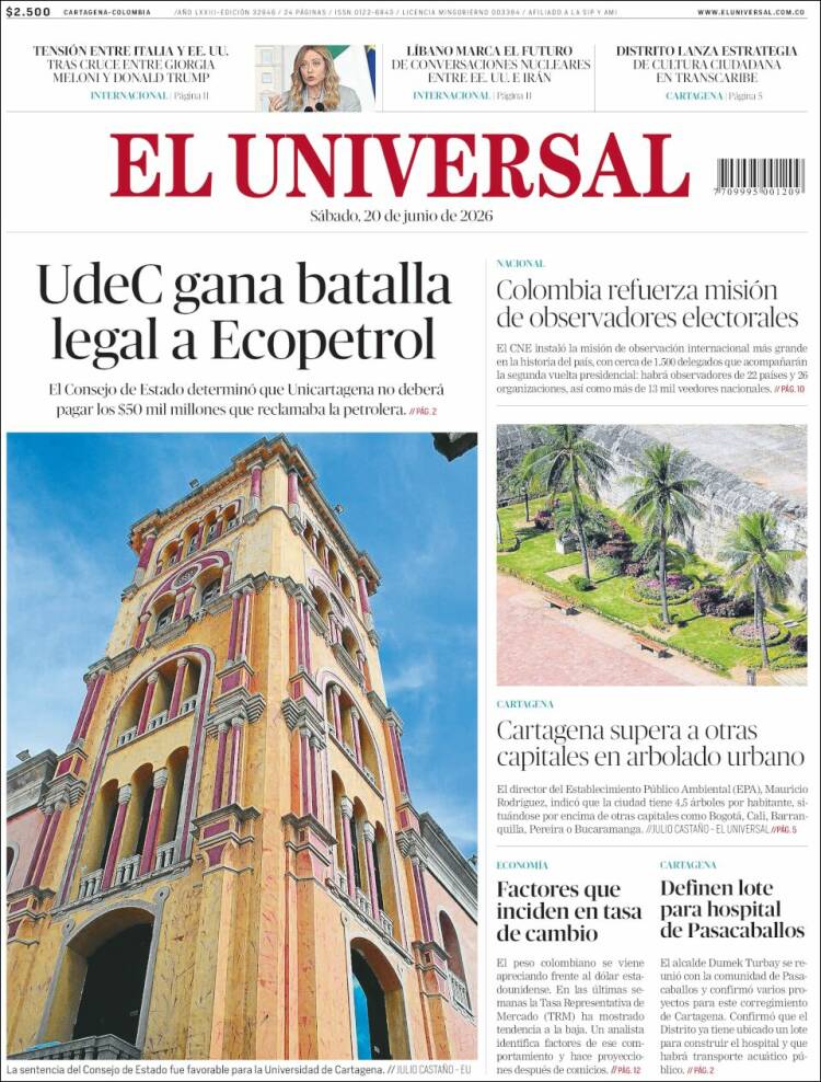 Portada de El Universal · 20 jun 2026