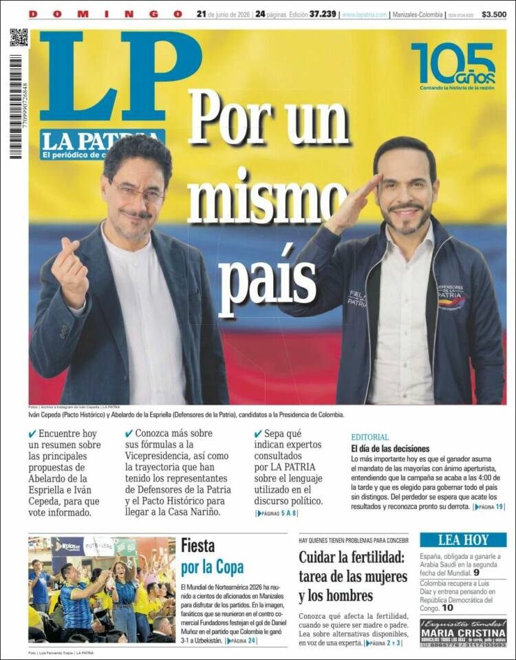 Portada de La Patria · 21 jun 2026
