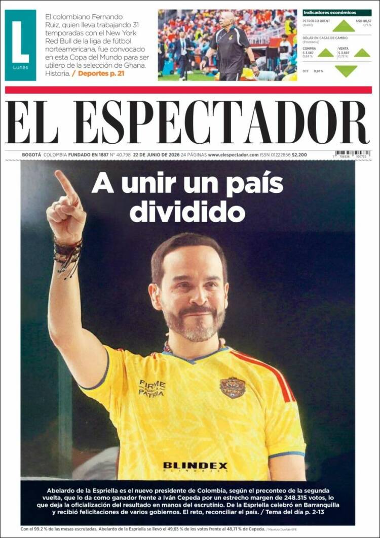 Portada de El Espectador · 22 jun 2026