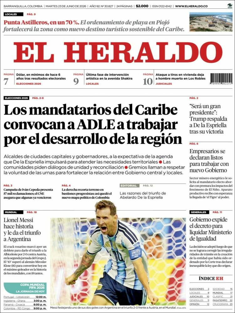 Portada de El Heraldo · 23 jun 2026