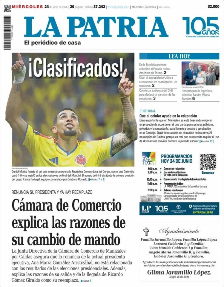 Portada de La Patria · 24 jun 2026