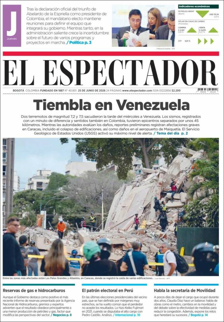 Portada de El Espectador · 25 jun 2026