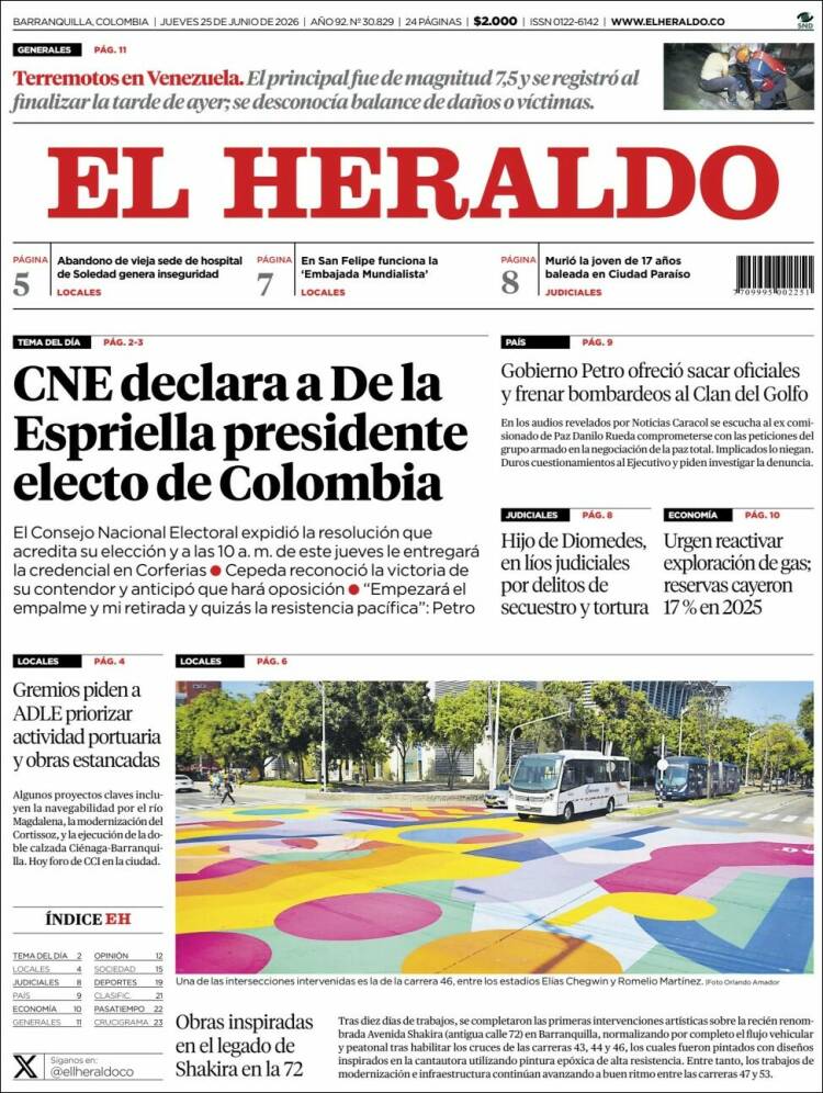 Portada de El Heraldo · 25 jun 2026