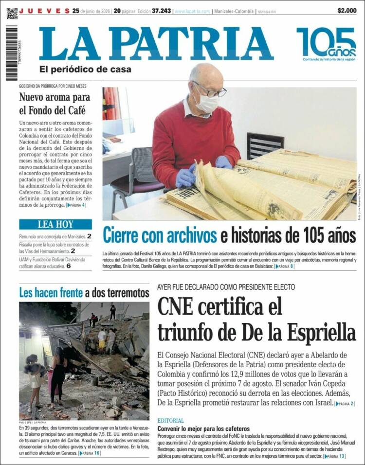 Portada de La Patria · 25 jun 2026