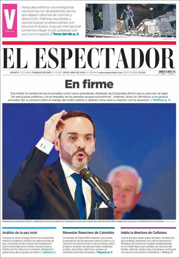 Portada de El Espectador · 26 jun 2026