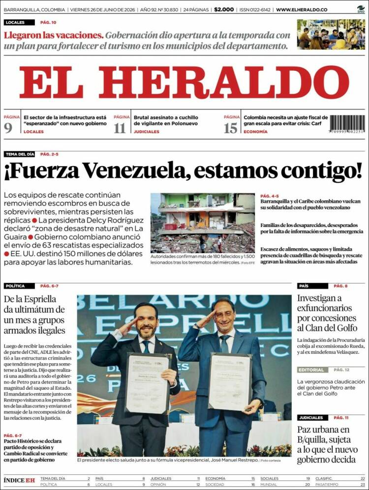 Portada de El Heraldo · 26 jun 2026