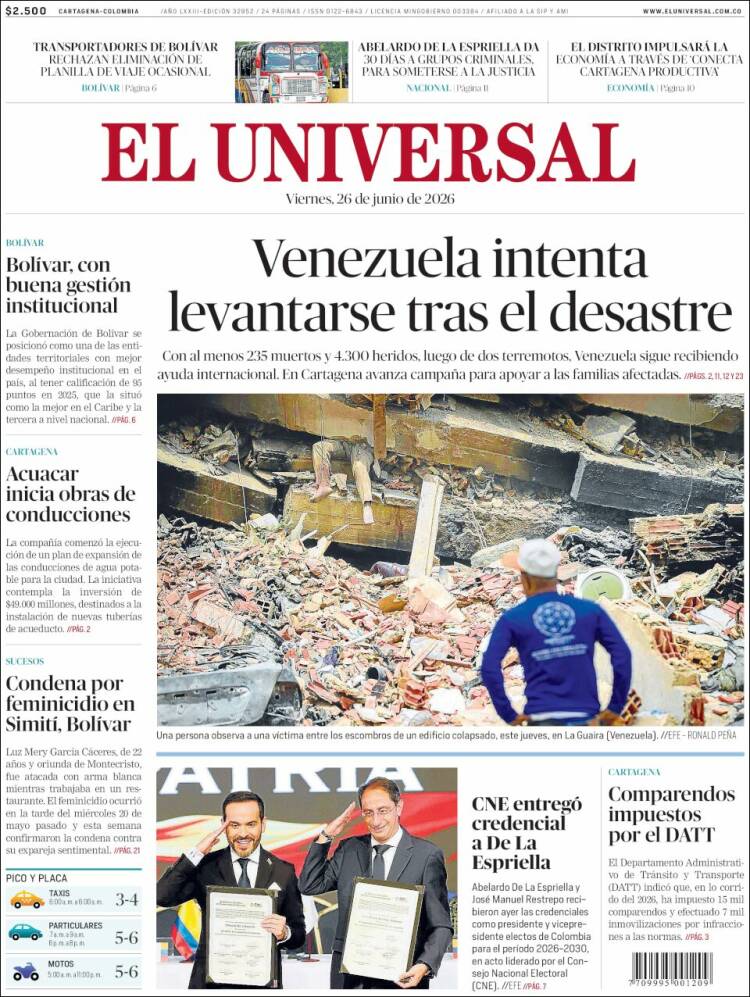 Portada de El Universal · 26 jun 2026
