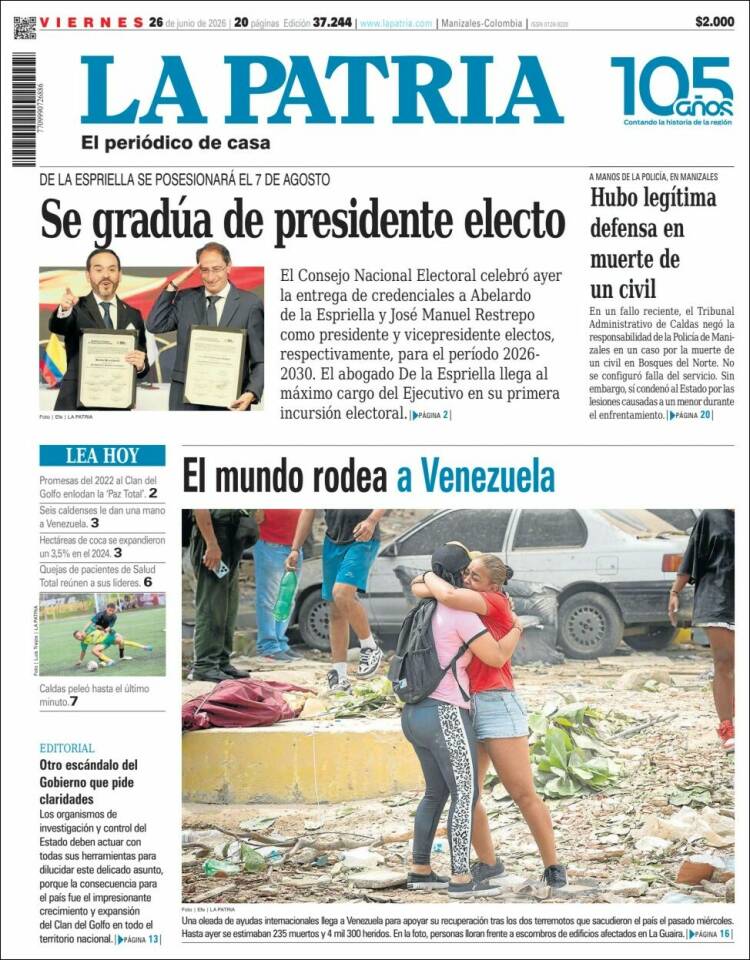 Portada de La Patria · 26 jun 2026