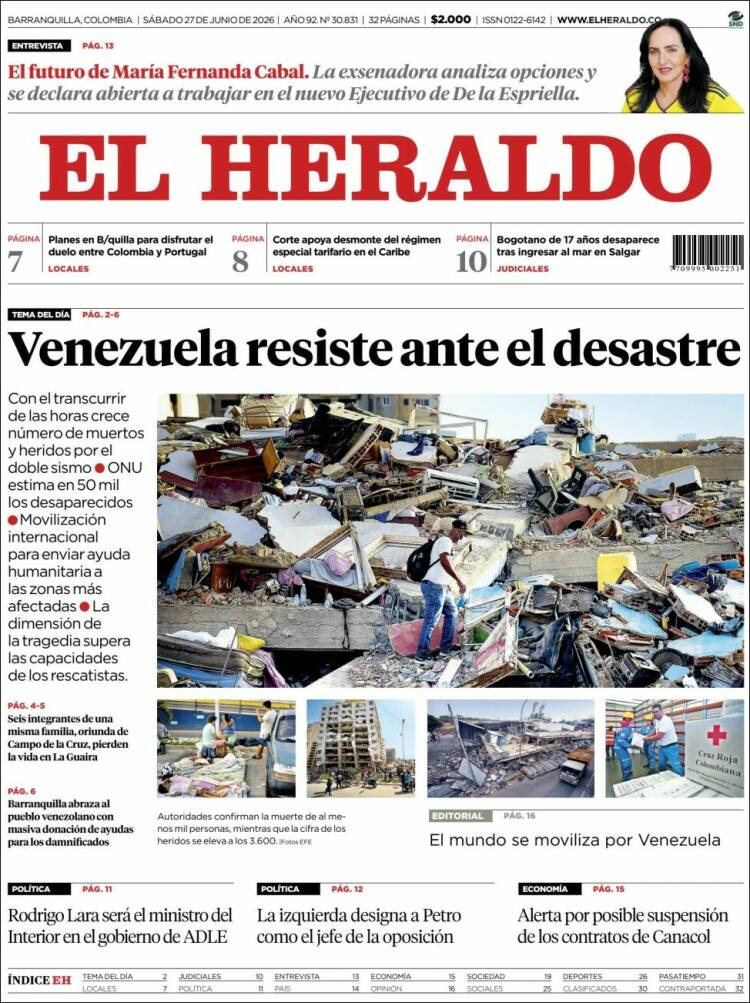 Portada de El Heraldo · 27 jun 2026