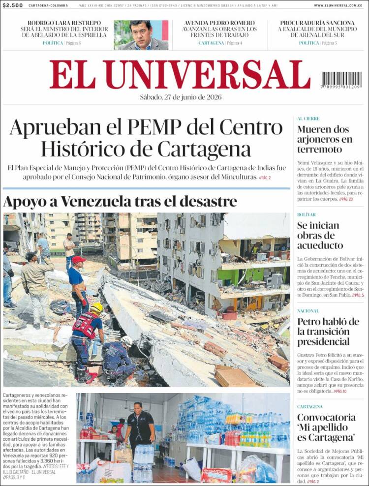 Portada de El Universal · 27 jun 2026
