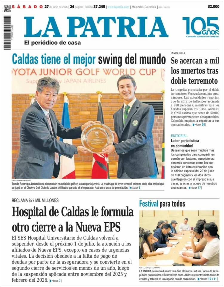 Portada de La Patria · 27 jun 2026