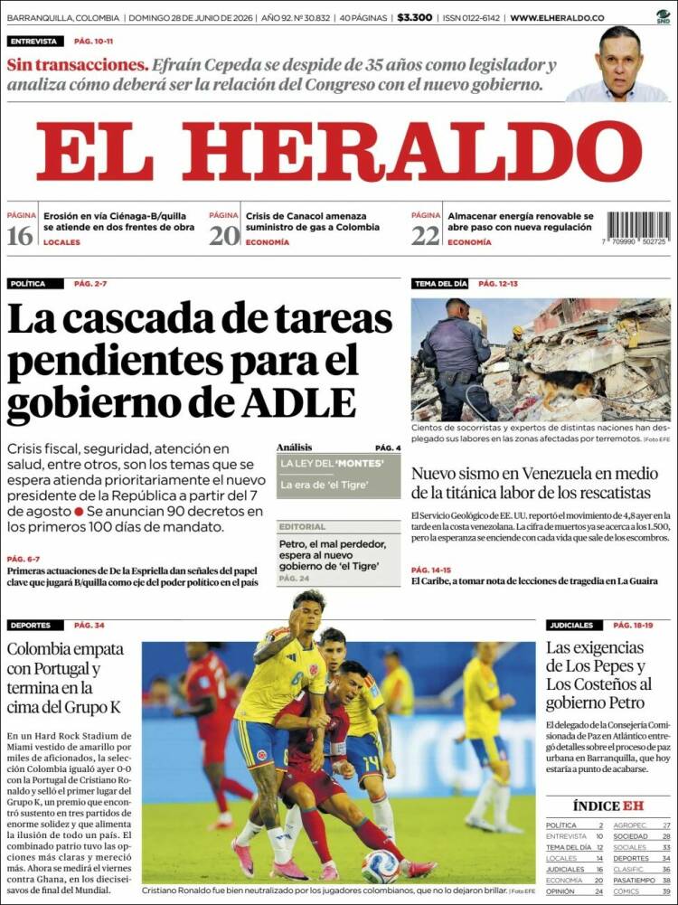 Portada de El Heraldo · 28 jun 2026