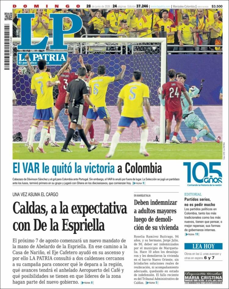Portada de La Patria · 28 jun 2026