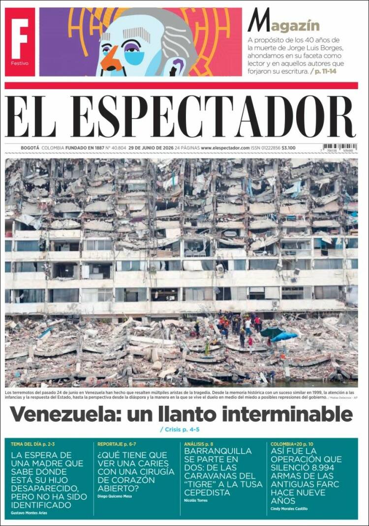 Portada de El Espectador · 29 jun 2026